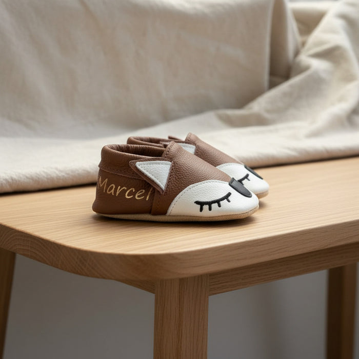 Chausson bébé en cuir souple marron Ragnar le renard