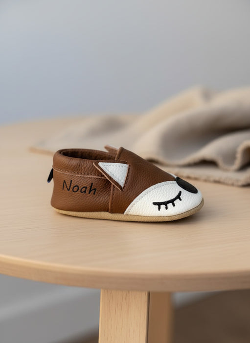 Chausson bébé en cuir souple marron Ragnar le renard