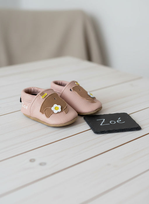 Chausson bébé en cuir souple rose Maguy la souris