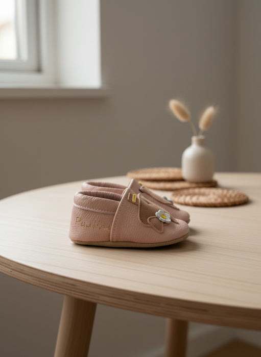 Chausson bébé en cuir souple rose Maguy la souris
